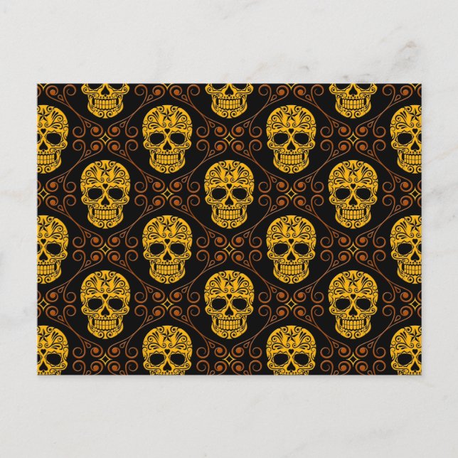 Postal Patrón de cráneo de azúcar amarillo y negro (Anverso)