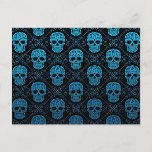 Postal Patrón de cráneo de azúcar azul y negro