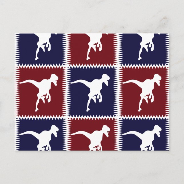 Postal Patrón de cuadrado de dinosaurios rojo vivo azul (Anverso)