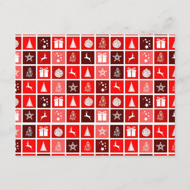 Postal Patrón de cuadrícula navideña roja moderna minimal (Anverso)