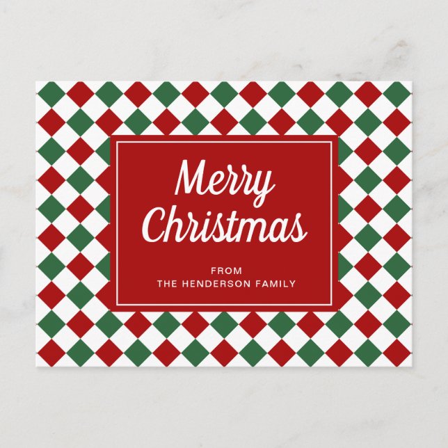 Postal Patrón de cuadros rojos de Feliz Navidad (Anverso)