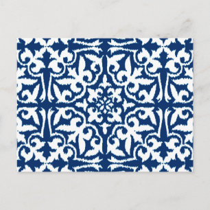 Postal Patrón de damasco de Ikat - Azul cobalto y blanco