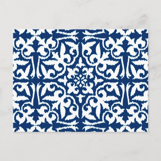Postal Patrón de damasco de Ikat - Azul cobalto y blanco (Anverso)