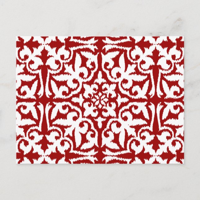 Postal Patrón de damasco de Ikat - rojo oscuro y blanco (Anverso)