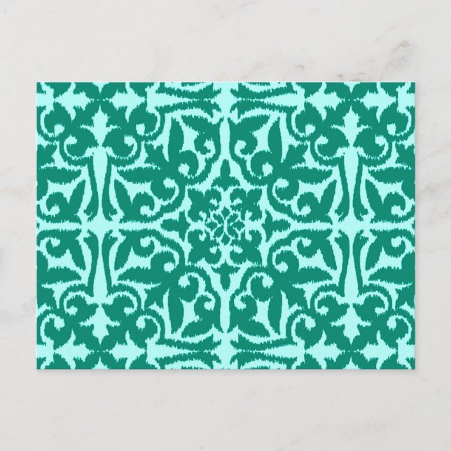 Postal Patrón de damasco de Ikat - Turquesa y Aqua (Anverso)