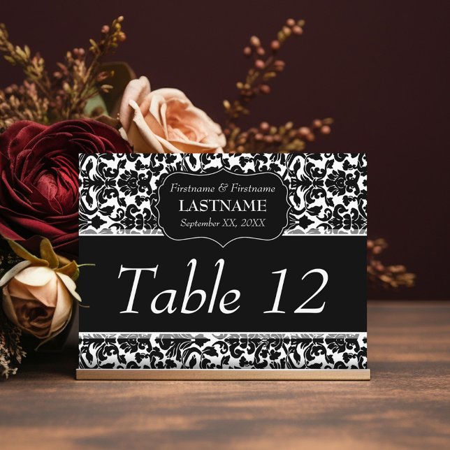 Postal Patrón de Damasco de Rótulo de número de tabla de  (Black Modern Wedding - Reserved table Number Sign)