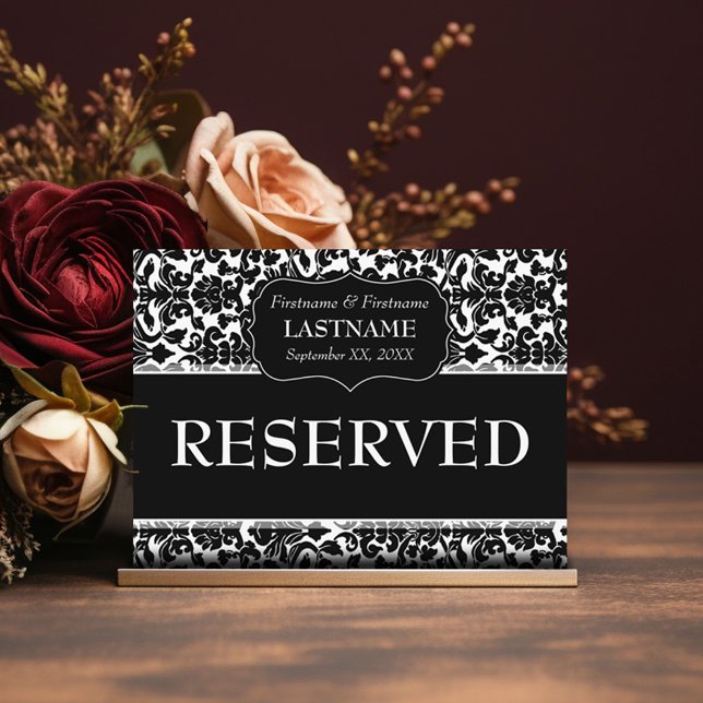 Postal Patrón de Damasco de Rótulo RESERVADO de tabla bod (Elegant Damask Table Card for Wedding or Anniversary Party - Black and White)