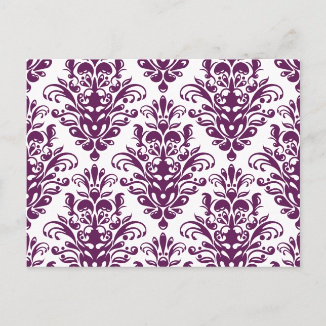 Postal Patrón de Damasco elegante blanco y morado calient (Anverso)