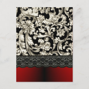 Postal Patrón de damasco floral negro y rojo