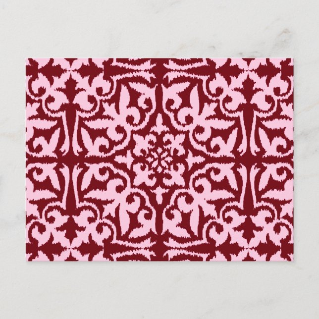Postal Patrón de damasco Ikat - Burdeos y Rosa (Anverso)