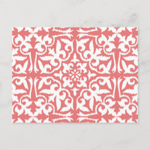 Postal Patrón de damasco Ikat - Rosa Coral y Blanco