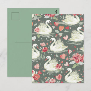 Postal Patrón de elementos de cisnes y corazones elegante
