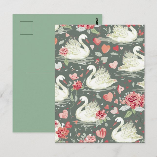 Postal Patrón de elementos de cisnes y corazones elegante (Anverso / Reverso)