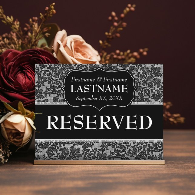 Postal Patrón de encaje de Rótulo de tabla boda RESERVADO (Black Lace Wedding - Reserved Table Sign)