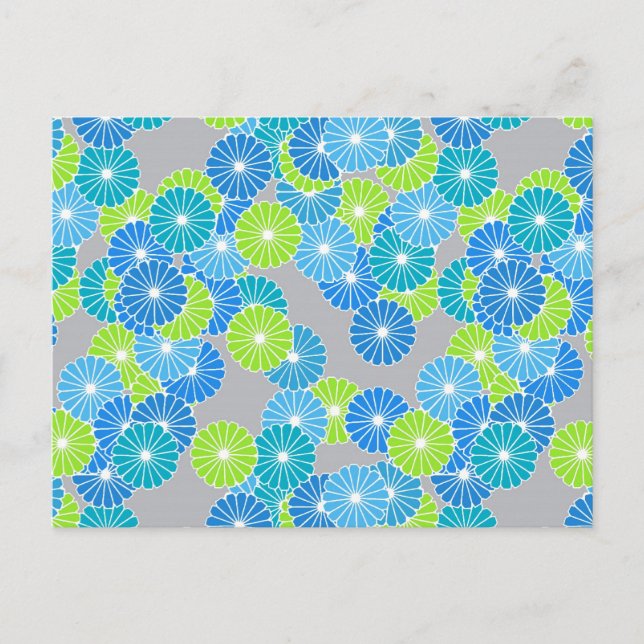 Postal Patrón de flores Art Deco - azul y verde lima (Anverso)