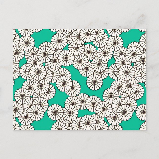 Postal Patrón de flores Art Decó - blanco sobre turquesa (Anverso)