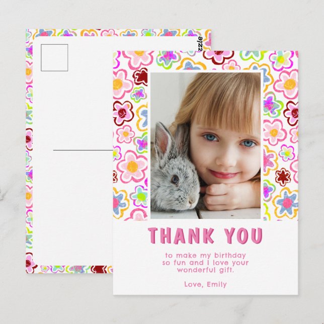 Postal Patrón de flores Niños Chica Foto Cumpleaños Graci (Anverso / Reverso)