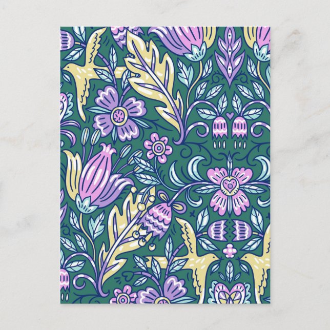 Postal Patrón de flores y pájaros de estilo antiguo (Anverso)