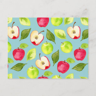 Postal Patrón de frutas de manzanas de color de agua suav