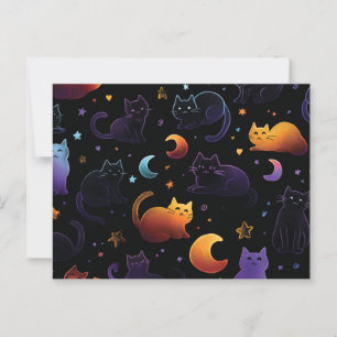 Postal Patrón de gato celeste mágico con lunas