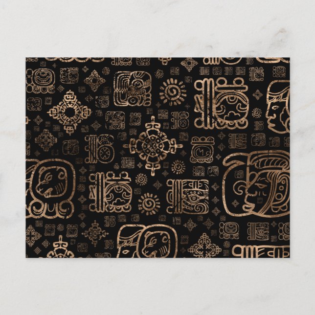 Postal Patrón de glifos y ornamentos mayas -oro en negro (Anverso)