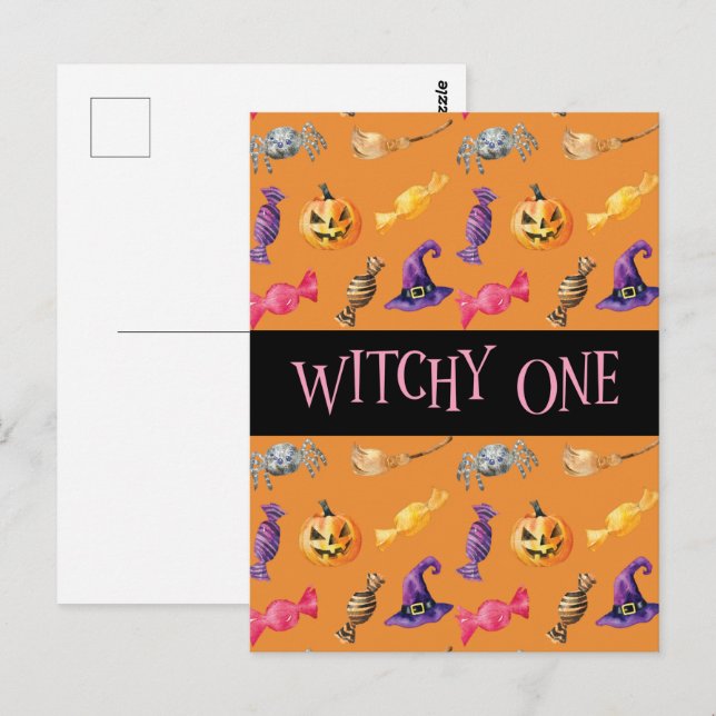 Postal Patrón de Halloween Naranja "Witchy One" (Anverso / Reverso)