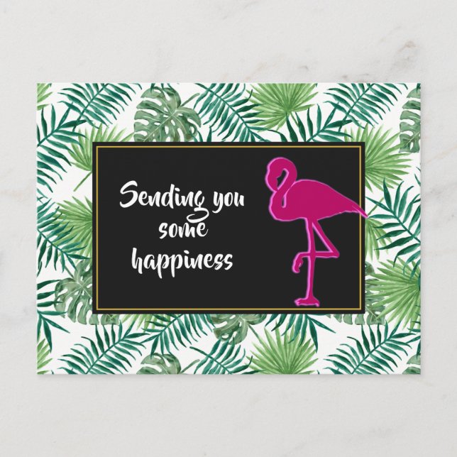 Postal Patrón de hojas tropicales y flamenco rosa (Anverso)
