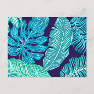 Postal Patrón de hojas verdes azules tropicales