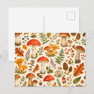 Postal Patrón de hongos de otoño en acuarela