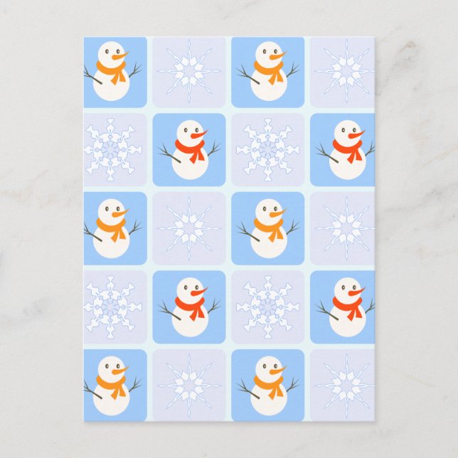 Postal Patrón de invierno de snowman y copos de nieve (Anverso)