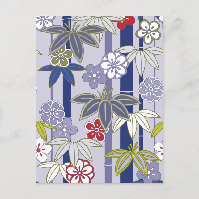 Postal Patrón de Kimono Japonés Floral Púrpura Roja (Anverso)