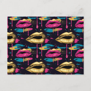 Postal Patrón de labios de arte pop negrita con detalles 