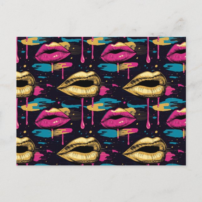 Postal Patrón de labios de arte pop negrita con detalles  (Anverso)