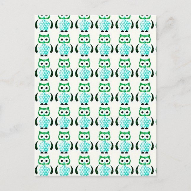 Postal Patrón de lechuzas verdes retro vintage (Anverso)
