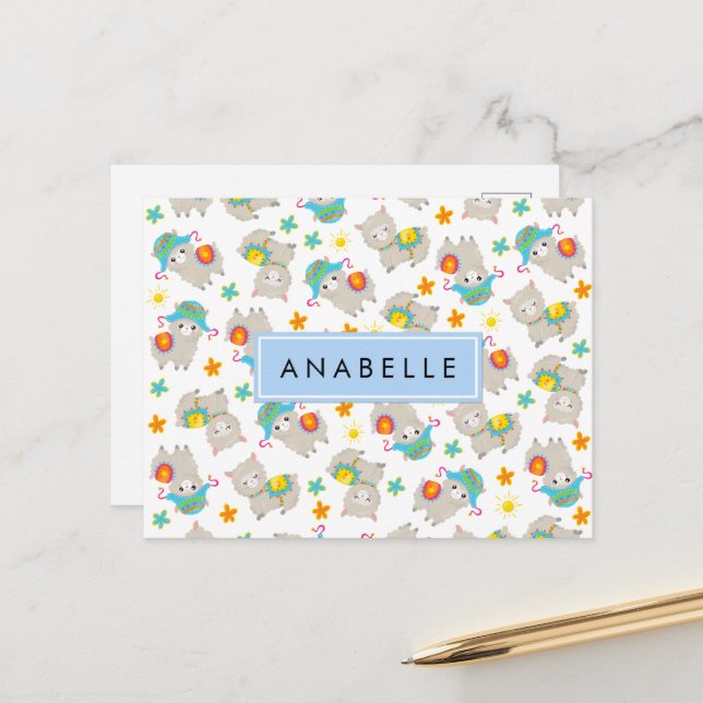 Postal Patrón De Llamas, Alpacas, Flores, Tu Nombre (Anverso/Reverso In Situ)