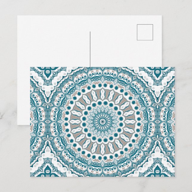 Postal Patrón de Mandala Costero Verde Azul y Beige (Anverso / Reverso)