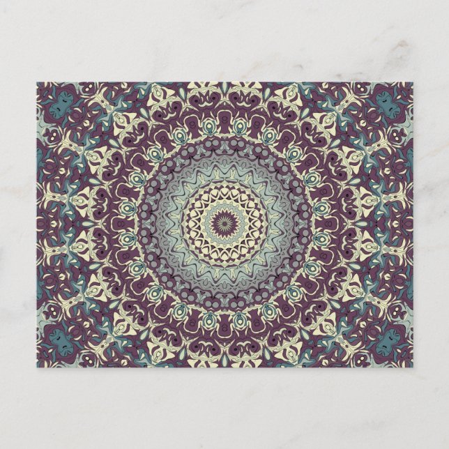 Postal Patrón de Mandala de Morado, Turquesa y Crema (Anverso)