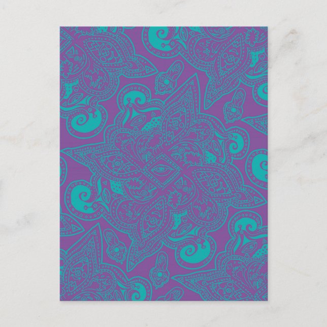 Postal Patrón de Mandala Estrella Persa Violeta y Turques (Anverso)