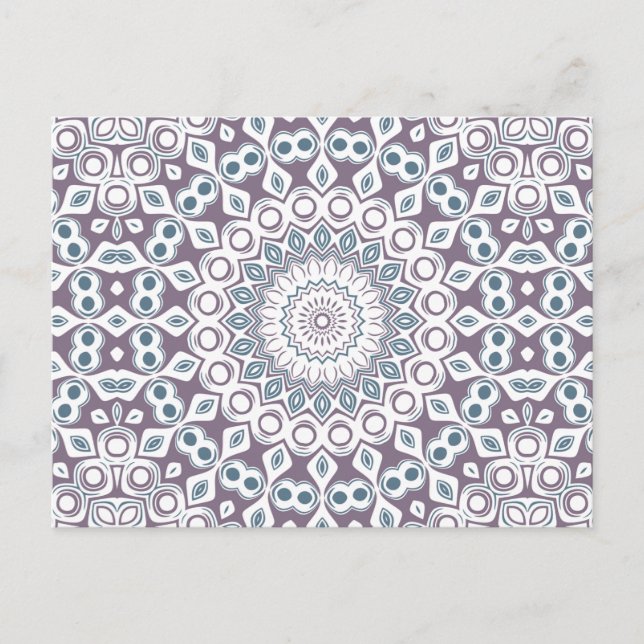 Postal Patrón de Mandala Geométrico Azul y Morado (Anverso)