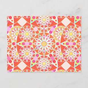 Postal Patrón de Mandala, rojo coral, rosa, dorado