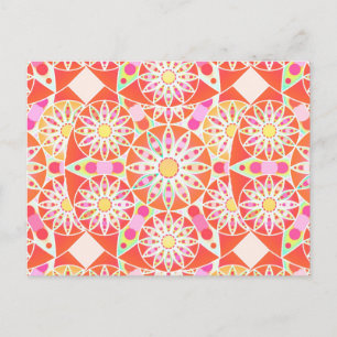 Postal Patrón de Mandala, rojo coral, rosa, dorado