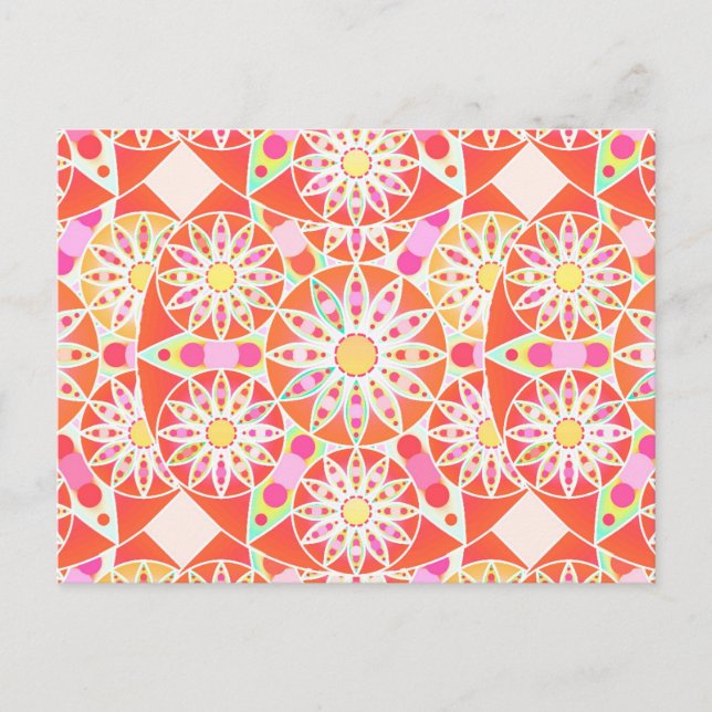 Postal Patrón de Mandala, rojo coral, rosa, dorado (Anverso)