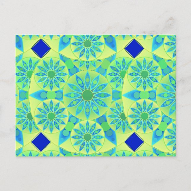 Postal Patrón de Mandala, turquesa, azul, verde tilo (Anverso)
