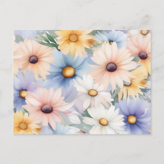 Postal Patrón de margaritas pastel soñadoras acuarela (Anverso)