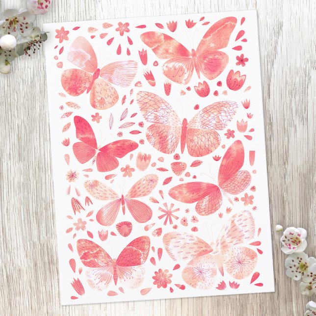 Postal Patrón de mariposa acuarela rosa (Watercolor blush pink and coral butterfly postcard)