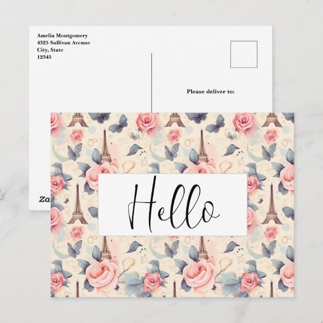 Postal Patrón de mariposa y Rosas de la Torre Eiffel (Anverso / Reverso)