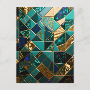 Postal Patrón de mosaico geométrico de oro azul verdoso d