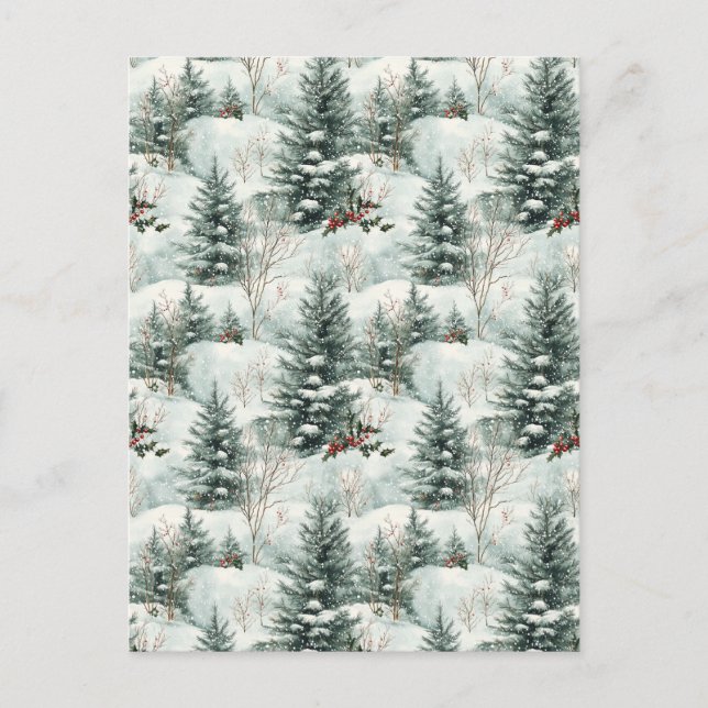 Postal Patrón de navidades con bosques y pinos nevados (Anverso)