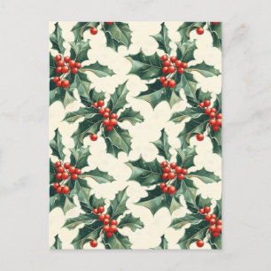 Postal Patrón de navidades con hojas huecas y moras rojas
