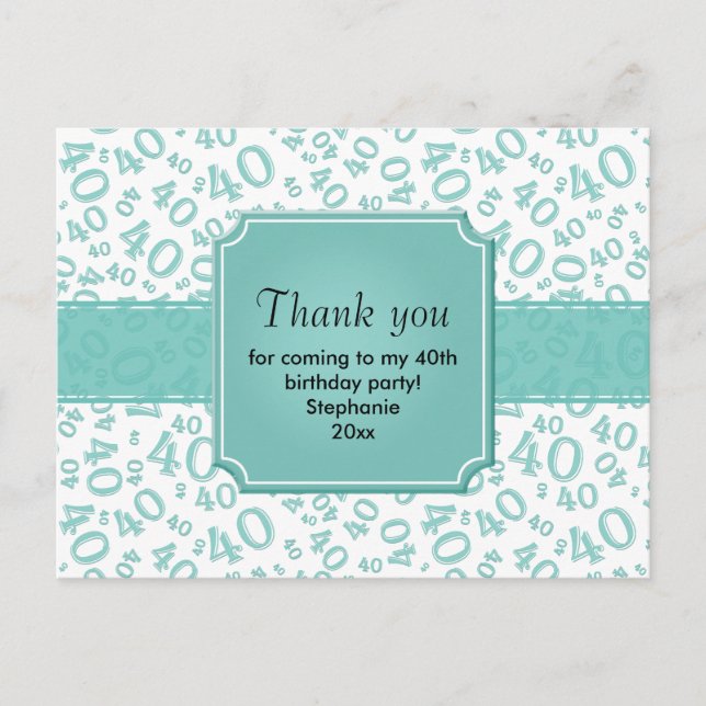 Postal Patrón de número 40 de agradecimiento Teal/Blanco (Anverso)